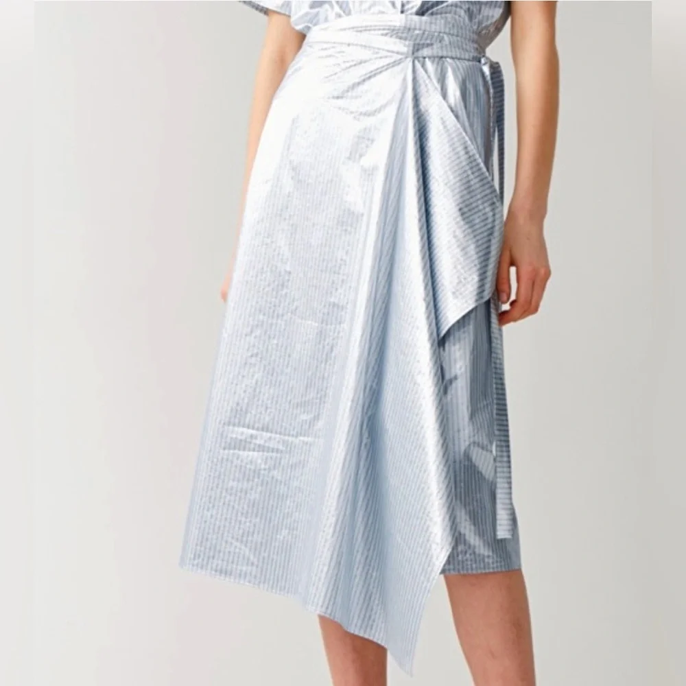 COS $175 Metallic Silver Striped Asymmetrical Wrap‎ Midi Skirt Romania Holiday - Picture 2 of 9
